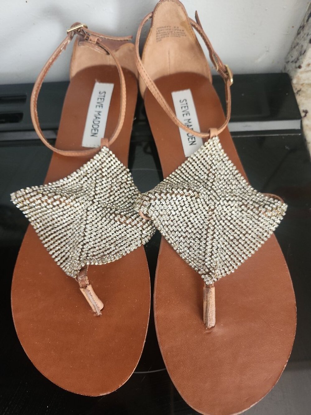Steve Madden "Shineyy" Cognac Rhinestone Flat Ankle Strap Sandals Size 9.5 NWOB